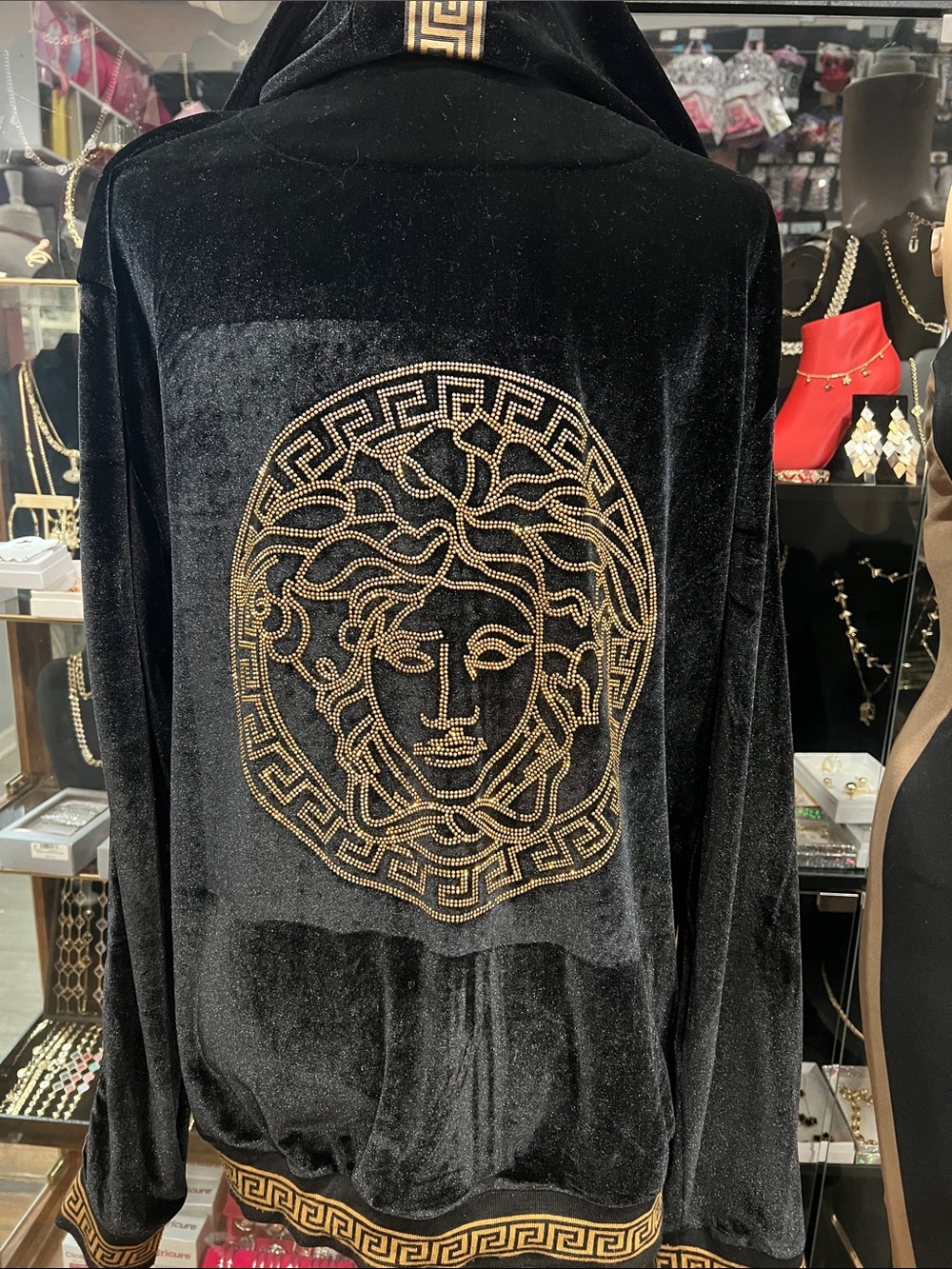 Black Velvet Hooded Zip Bomber Jacket with Gold Trim